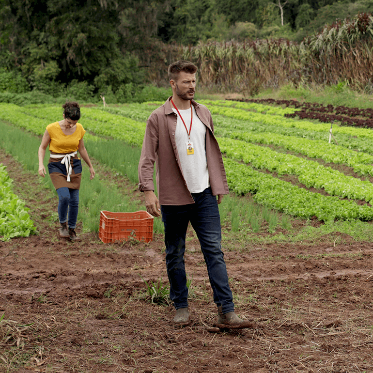 Rodrigo o estagiario, the intern, walking in a spice field. Maroon shirt and blue jeans. Woman standing behind him in a yellow shirt and dark hair. Orange crate in the background. - Link to Instagram post